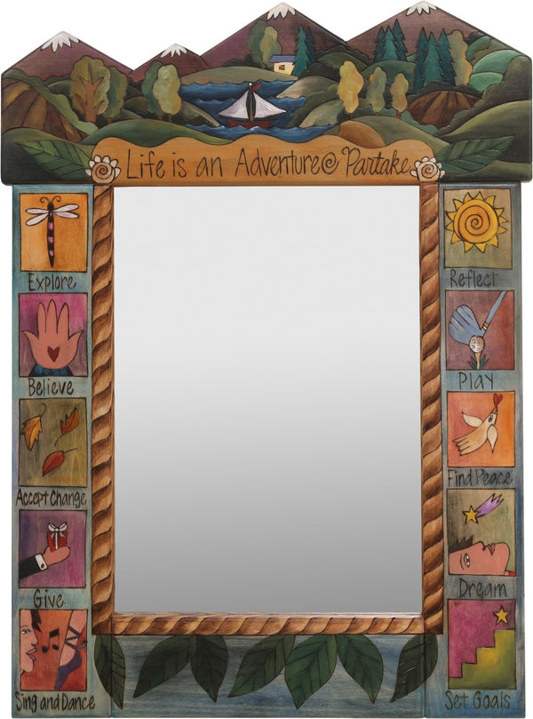 Medium Mirror –  "Life is an Adventure/Partake" mirror with sailboat on a lake in the woods motif