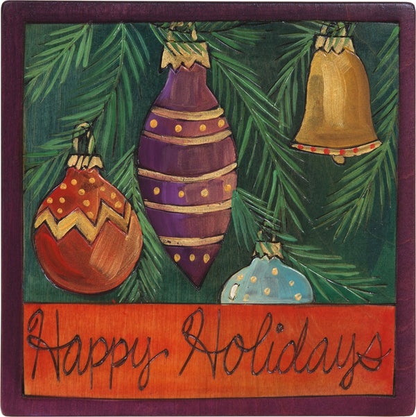 Sticks handmade wall plaque with "Happy Holidays" quote and Christmas tree ornaments