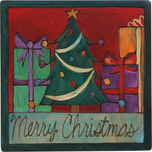 7"x7" Plaque –  "Merry Christmas" holiday plaque with Christmas tree and presents
