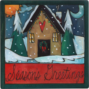 7"x7" Plaque –  "Season's Greetings" plaque with heart home and snowy landscape