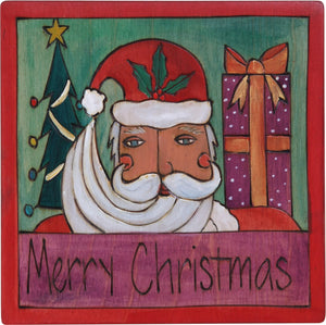 7"x7" Plaque –  "Merry Christmas" holiday plaque with Santa, Christmas tree and a big gift