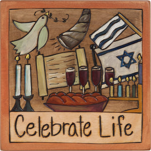 7"x7" Plaque –  "Celebrate Life" Judaica plaque with symbolic elements