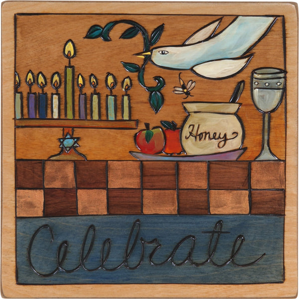 7"x7" Plaque –  "Celebrate" Judaica plaque with symbolic elements