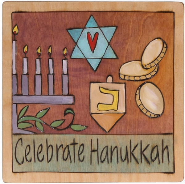 7"x7" Plaque –  "Celebrate Hanukkah" plaque with symbolic elements