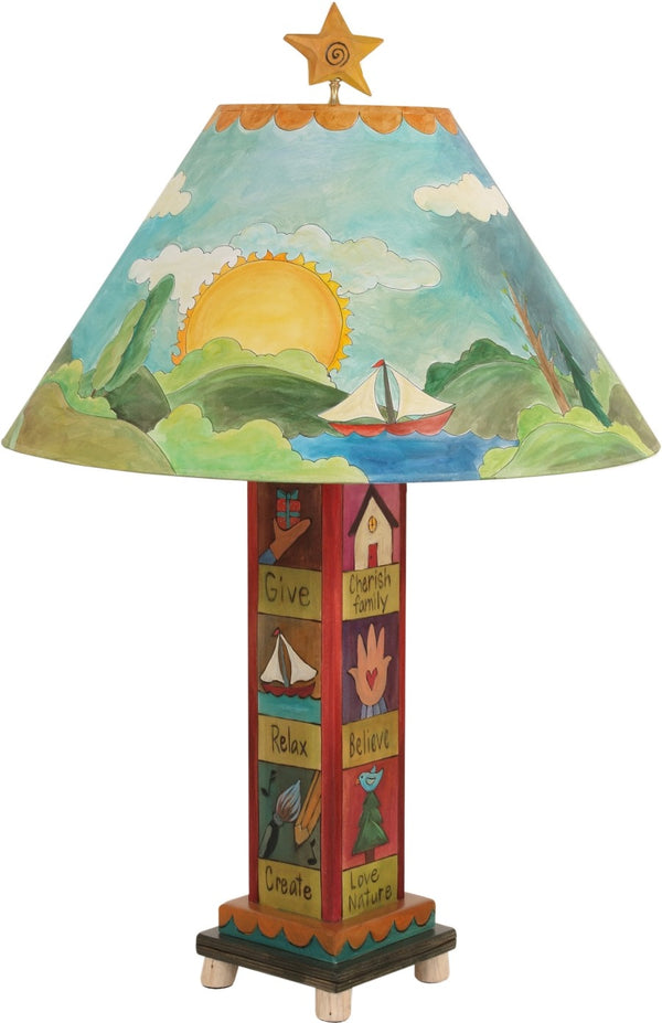 Box Table Lamp –  Contemporary table lamp with sun and moon theme, landscape painting and symbolic block icons