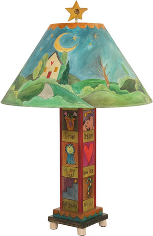 Box Table Lamp –  Contemporary table lamp with sun and moon theme, landscape painting and symbolic block icons