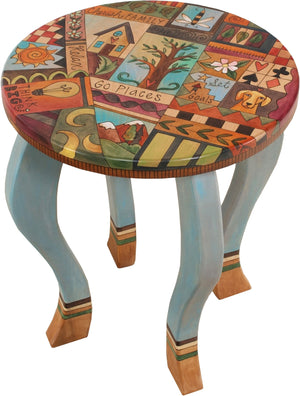 Round End Table –  Elegant end table with fun folk art symbols and inspiring phrases