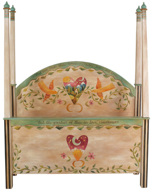 Queen Bed with Posts–  "But, the Greatest of these is Love" queen bed with posts with lovebirds and heart motif