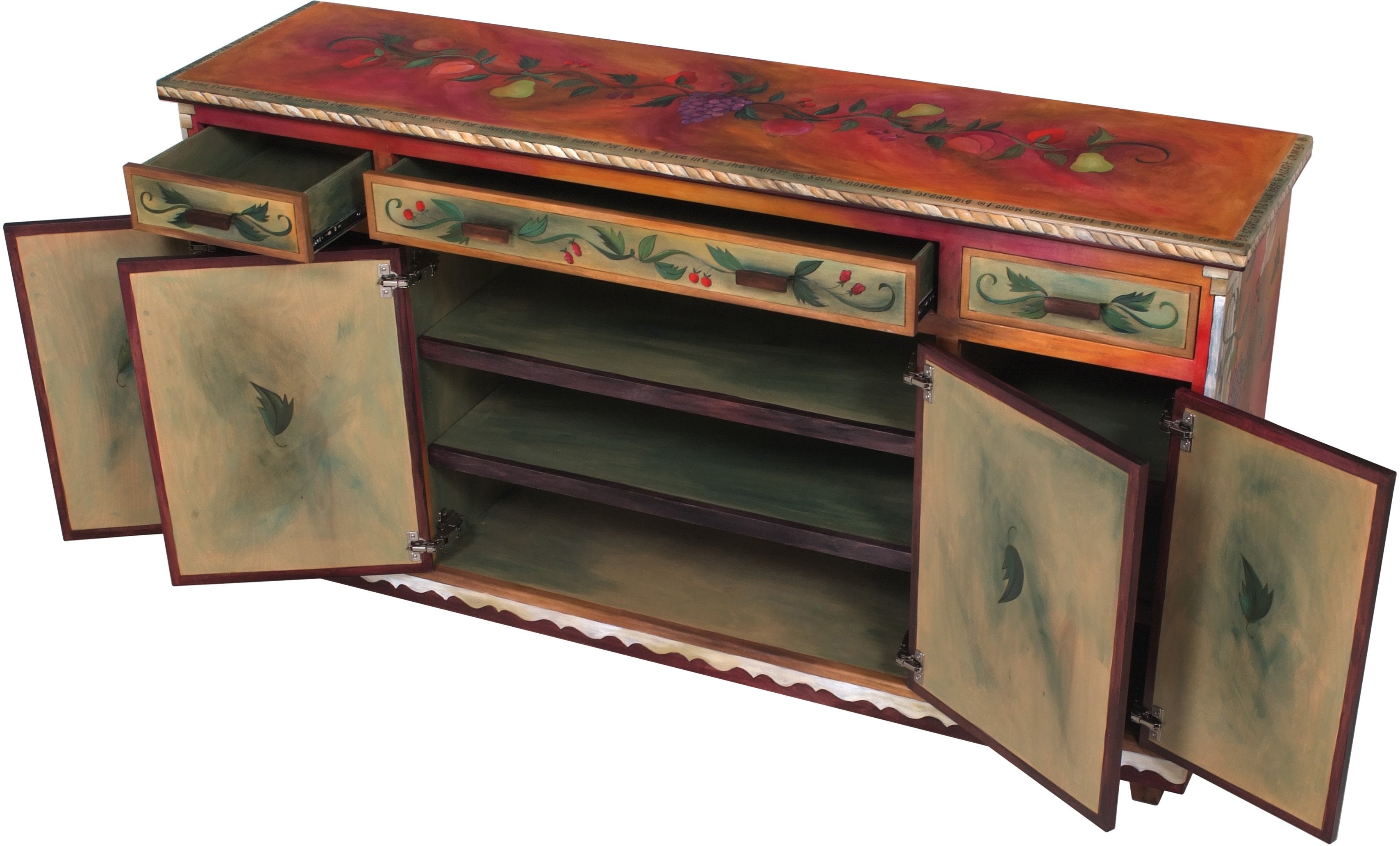 Large Double Door Buffet - Sticks handmade buffet with rich, warm hues and banquet motif view with doors open