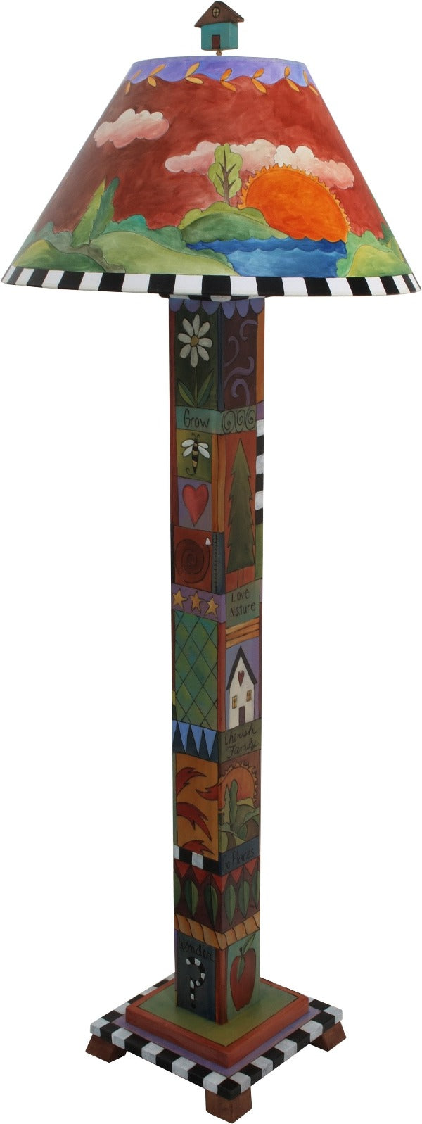 Box Floor Lamp –  Contemporary folk art floor lamp featuring a landscape painting and symbolic block icons