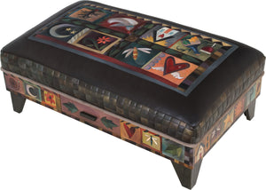Ottoman with Drawer –  A crazy quilt motif painted in an elegant palette beautifully pops off the black leather top main view