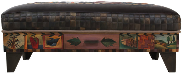 Ottoman with Drawer –  A crazy quilt motif painted in an elegant palette beautifully pops off the black leather top back view