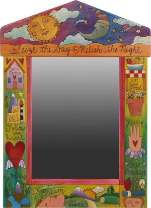 Medium Mirror –  "Seize the Day/Relish the Night" mirror with cheery sun and sleepy moon motif