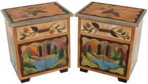 Nightstand Cabinet Set – Handsome mountainous landscape scene themed nightstand pair with prairie flower and pinecone accents