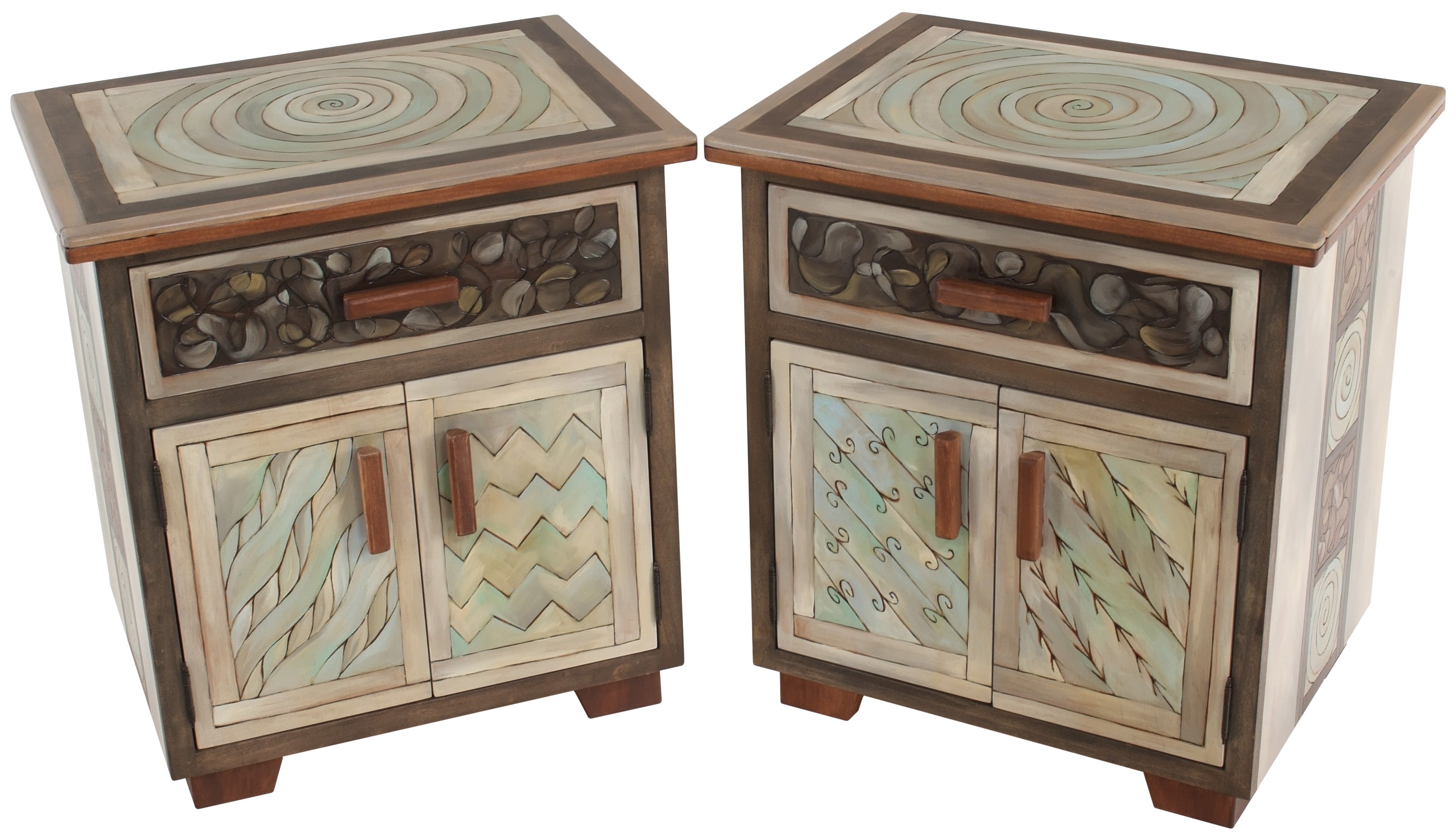 Nightstand Cabinet Set – Patterned abstract nightstand cabinets in a monochrome palette with bits of greens and blues mixed in