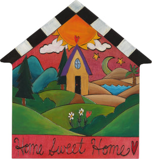 House Shaped Plaque –  "Home Sweet Home" house shaped plaque with rolling landscape and heart home