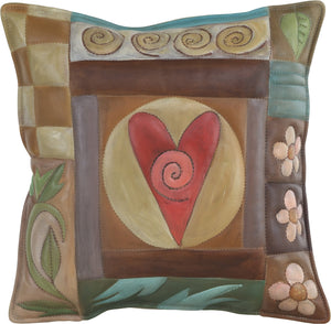 Leather Pillow –  Neutral pillow with heart at the center, block icons, patterns and flowers