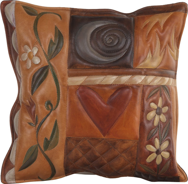 Leather Pillow –  Crazy quilt design with neutral and elegant patterns and icons