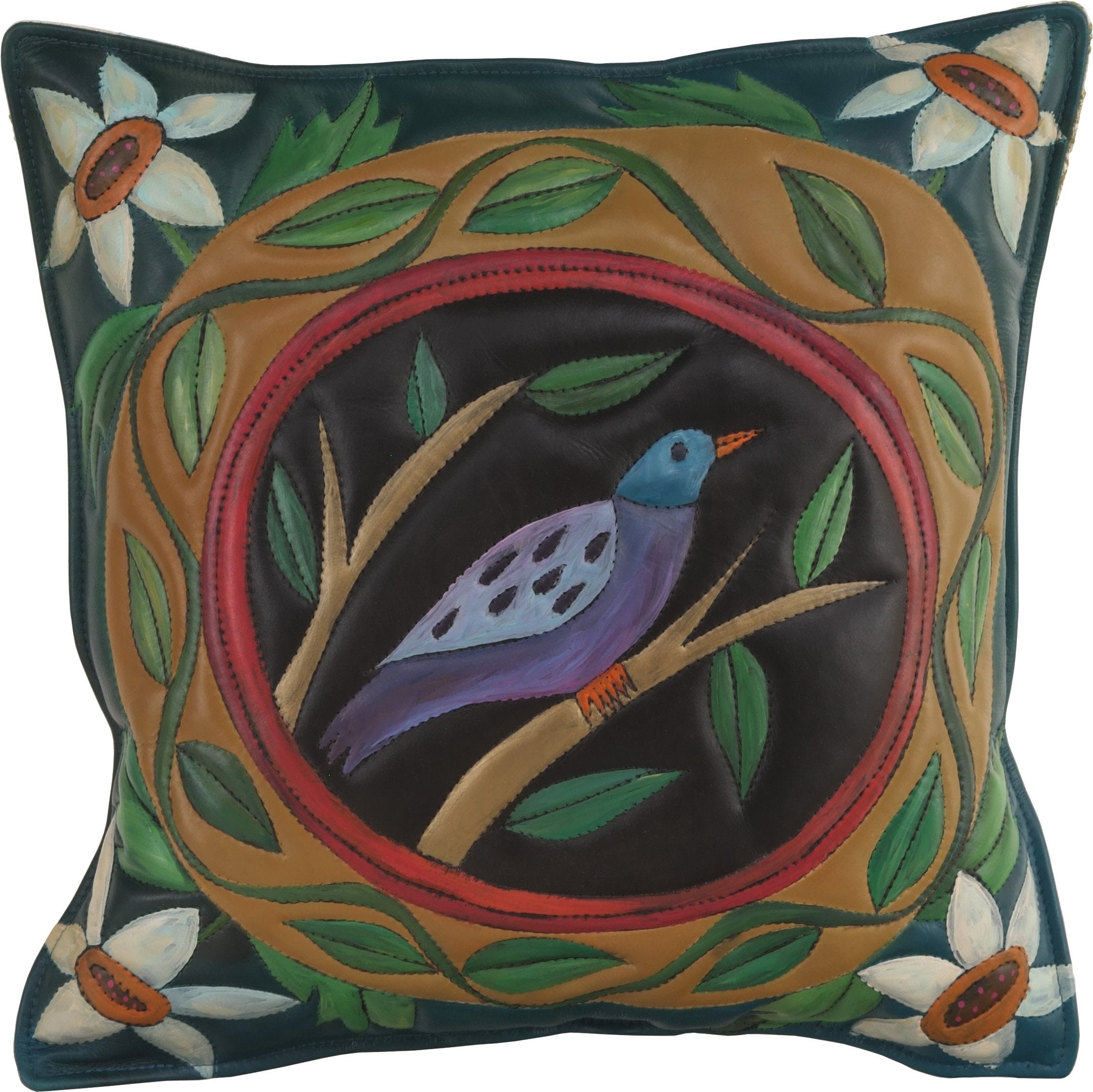 Leather Pillow –  Pillow with bird, vine and flower motifs