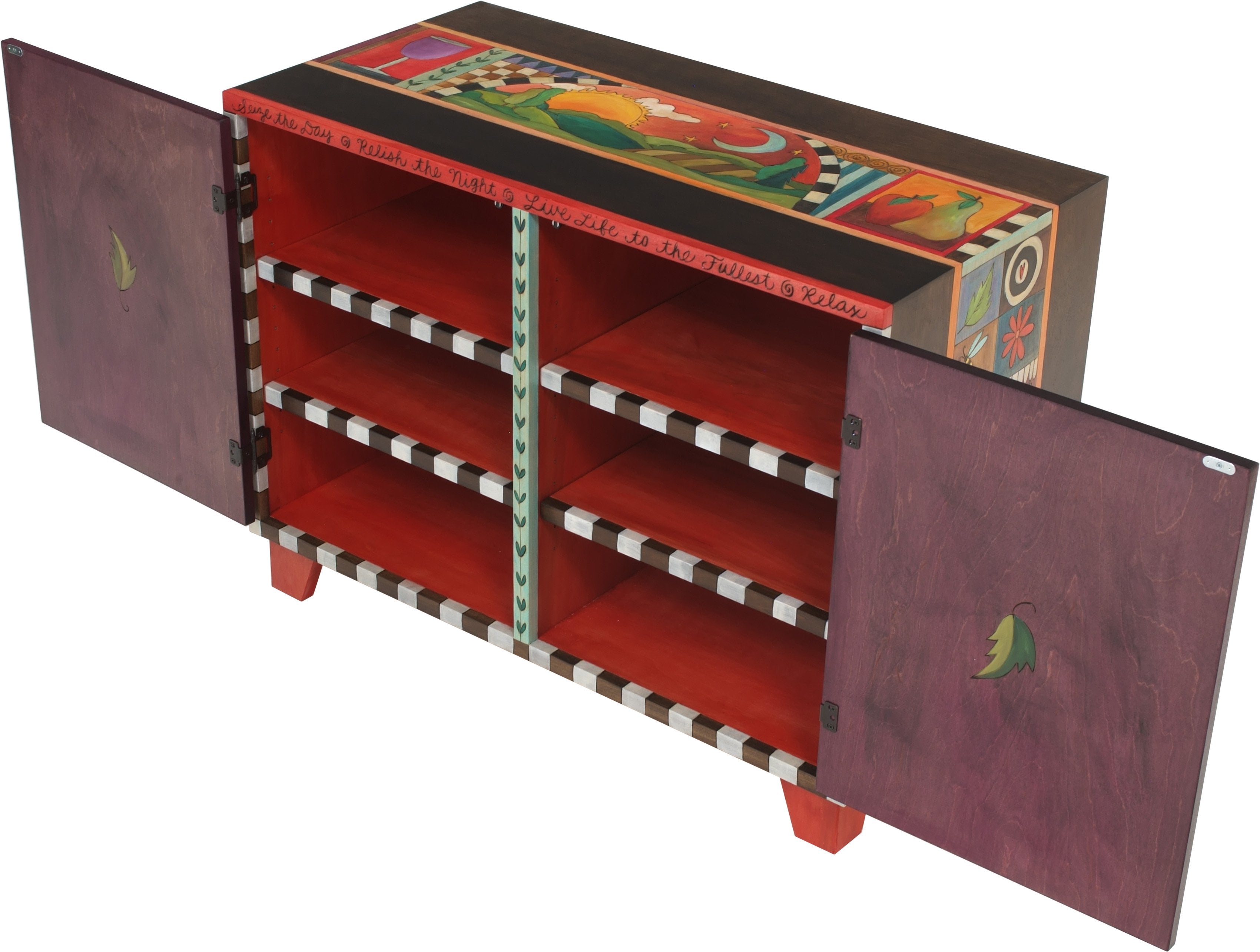 Media Buffet –  Rich folk art media cabinet with many colorful block icons and landscapes