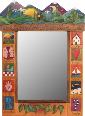 Medium Mirror –  "Look Back/Look Ahead/Live Now" mirror with sun and moon behind the  mountains with home motif