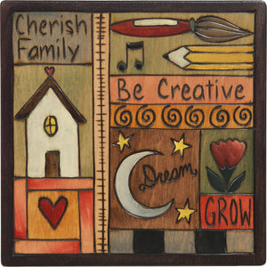 Sticks handmade wall plaque with "Cherish Family, Be Creative, Dream, Grow" quote with colorful life icons