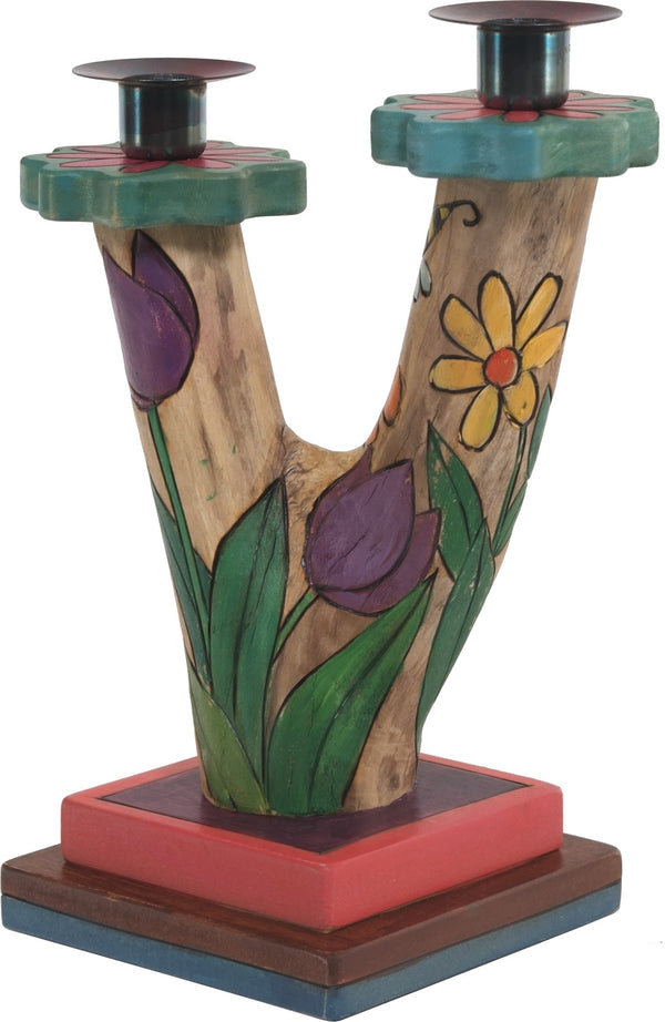 Double Candle Holder –  Beautiful birch candle holder with floral motifs