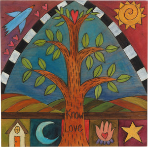 10"x10" Plaque –  "Know love" tree of life plaque with soaring bird above and patches below