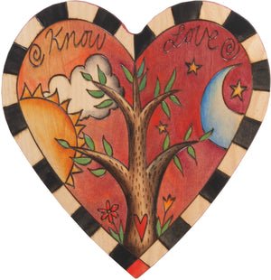 Heart Shaped Plaque –  "Know Love" tree of life heart shaped plaque with sun and moon motif
