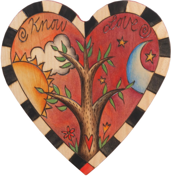 Heart Shaped Plaque –  "Know Love" tree of life heart shaped plaque with sun and moon motif