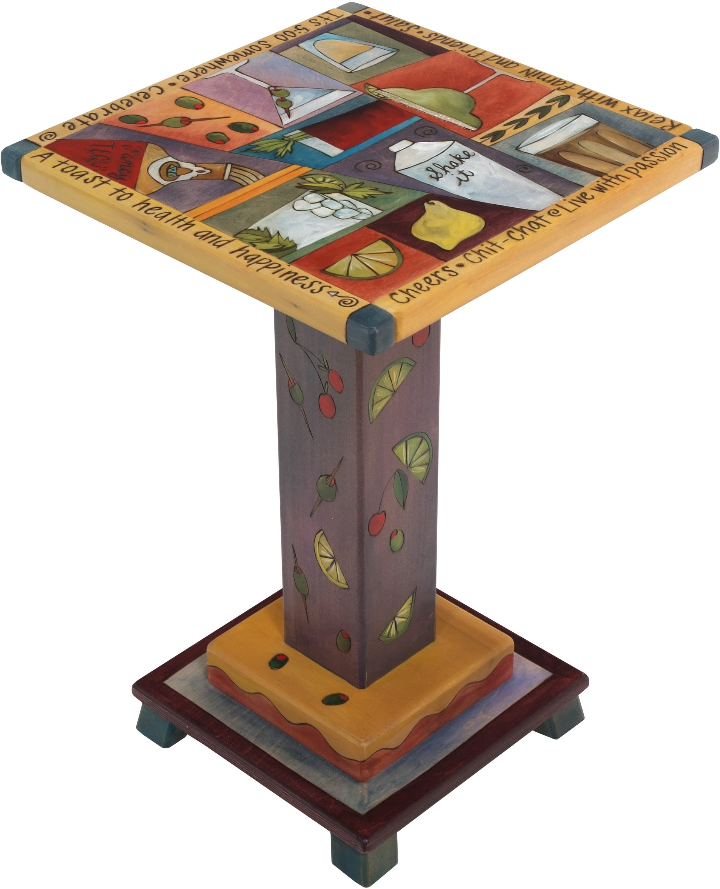 Martini End Table –  Fun and eclectic martini end table with part elements and block icons