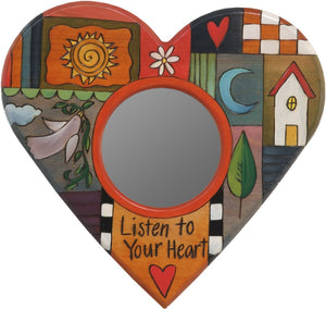 Heart Shaped Mirror –  "Listen to your Heart" heart-shaped mirror with home, sun and moon motif
