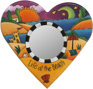 Heart Shaped Mirror –  "Life at the Beach" heart-shaped mirror with sun and moon over the beach motif
