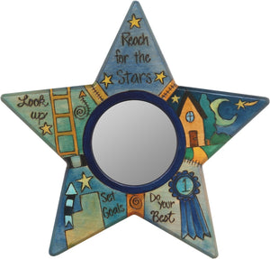 Star Shaped Mirror –  "Reach for the Stars" star-shaped mirror with moon and home motif
