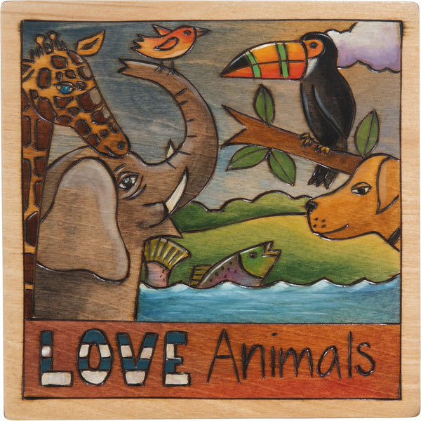 10"x10" Plaque –  "Love animals" plaque with safari animals and pets alike