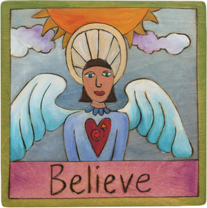 7"x7" Plaque –  "Believe" holiday plaque with angel