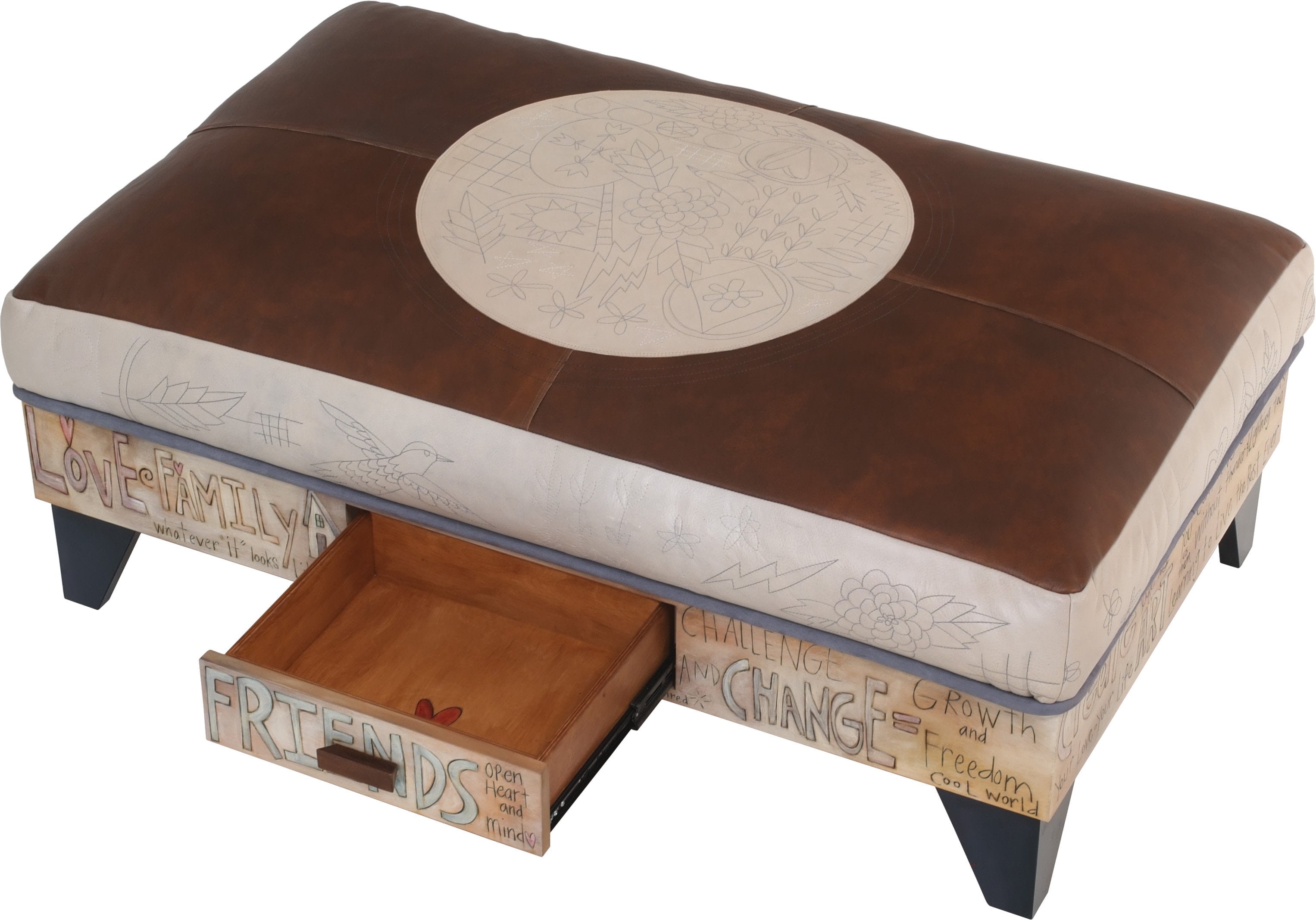 Ottoman with Drawer –  Hand stitched and painted leather ottoman with inspirational messages and storage drawer, 