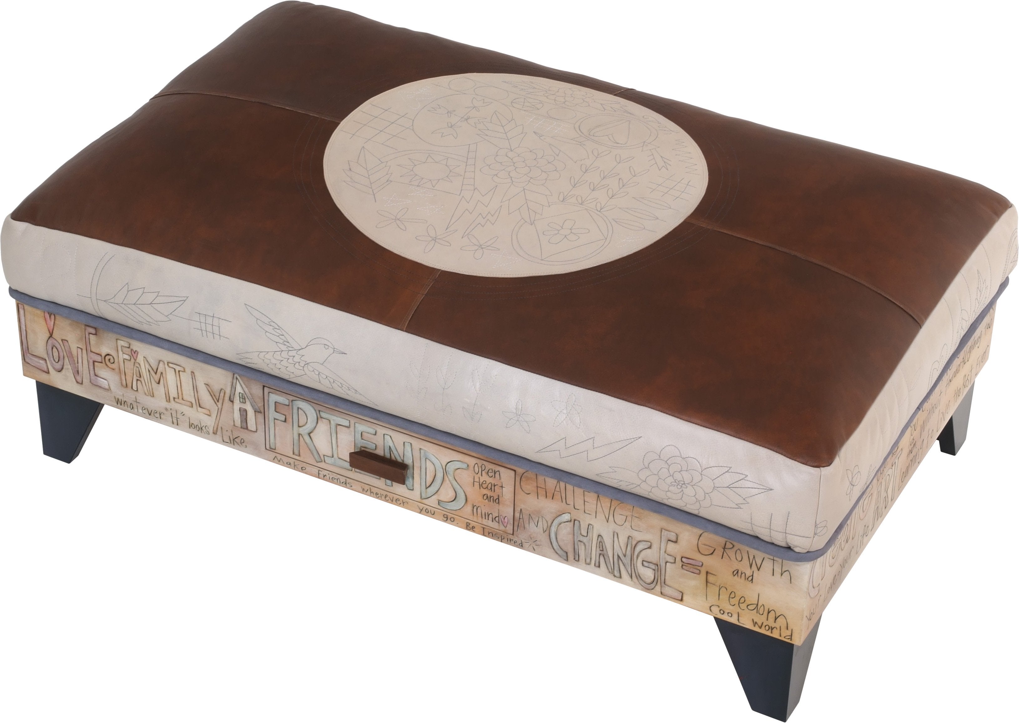 Ottoman with Drawer –  Hand stitched and painted leather ottoman with inspirational messages and storage drawer, 