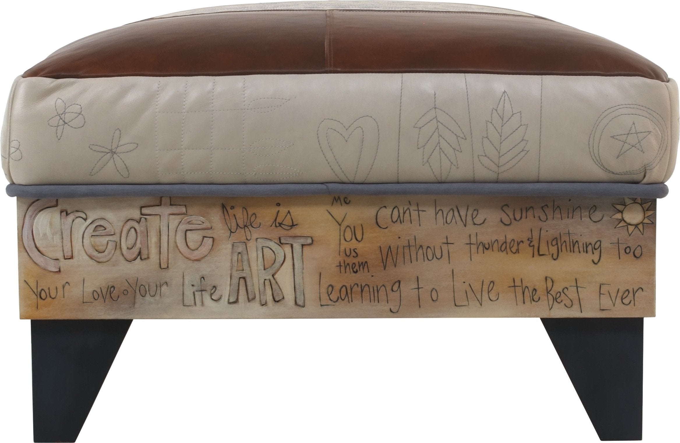 Ottoman with Drawer –  Hand stitched and painted leather ottoman with inspirational messages and storage drawer, 