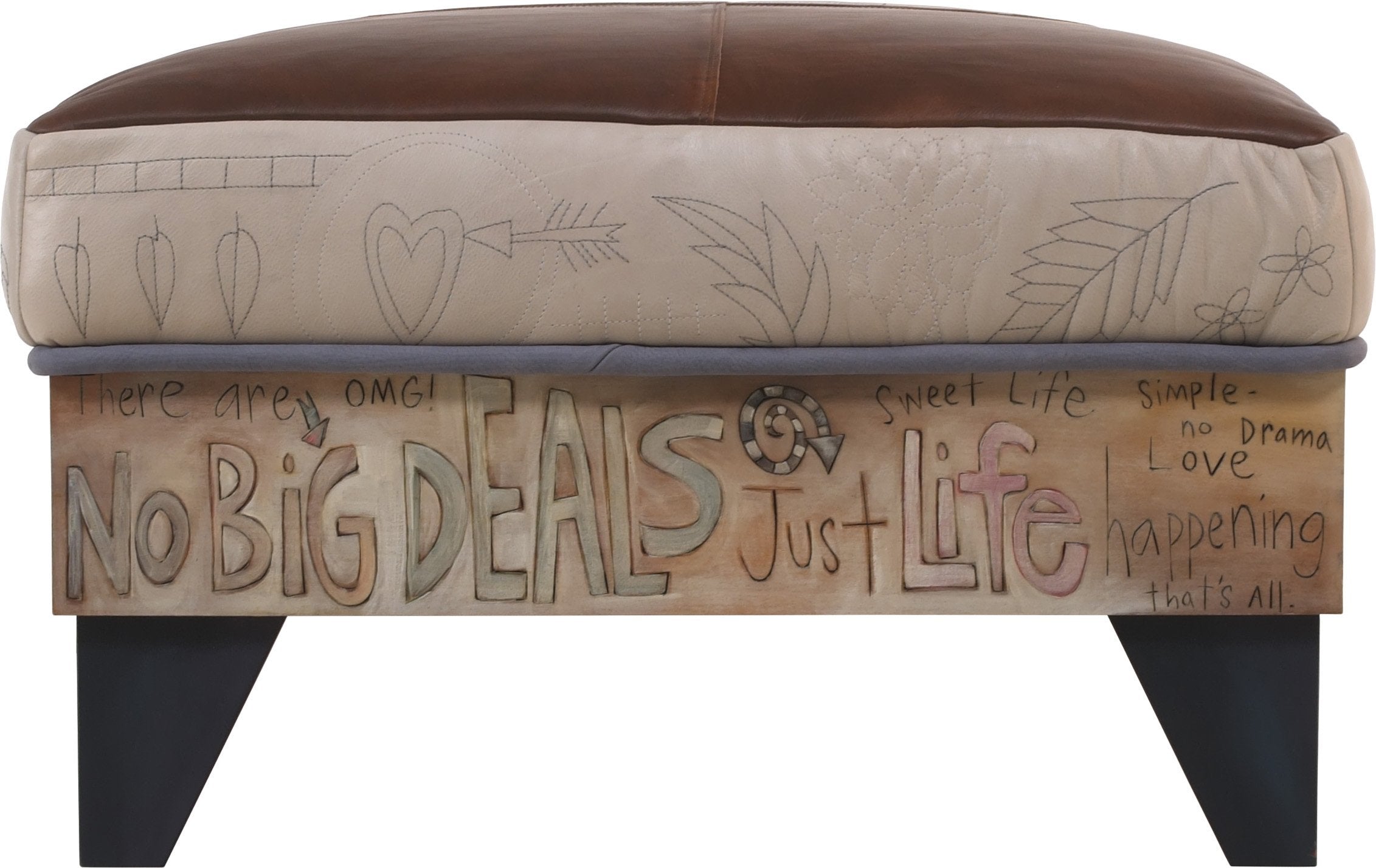 Ottoman with Drawer –  Hand stitched and painted leather ottoman with inspirational messages and storage drawer, 