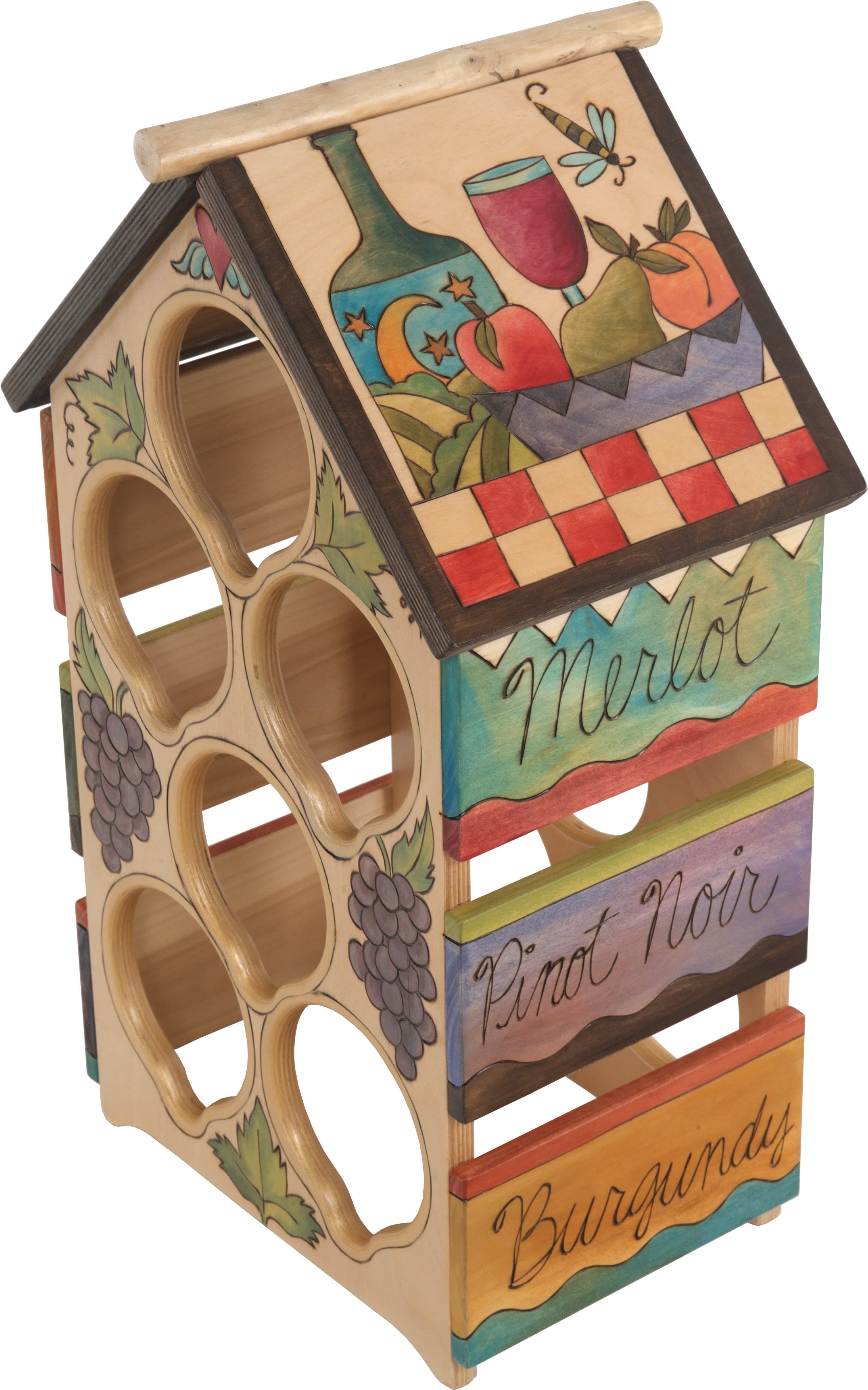 Sticks handmade wine rack with bright and colorful imagery