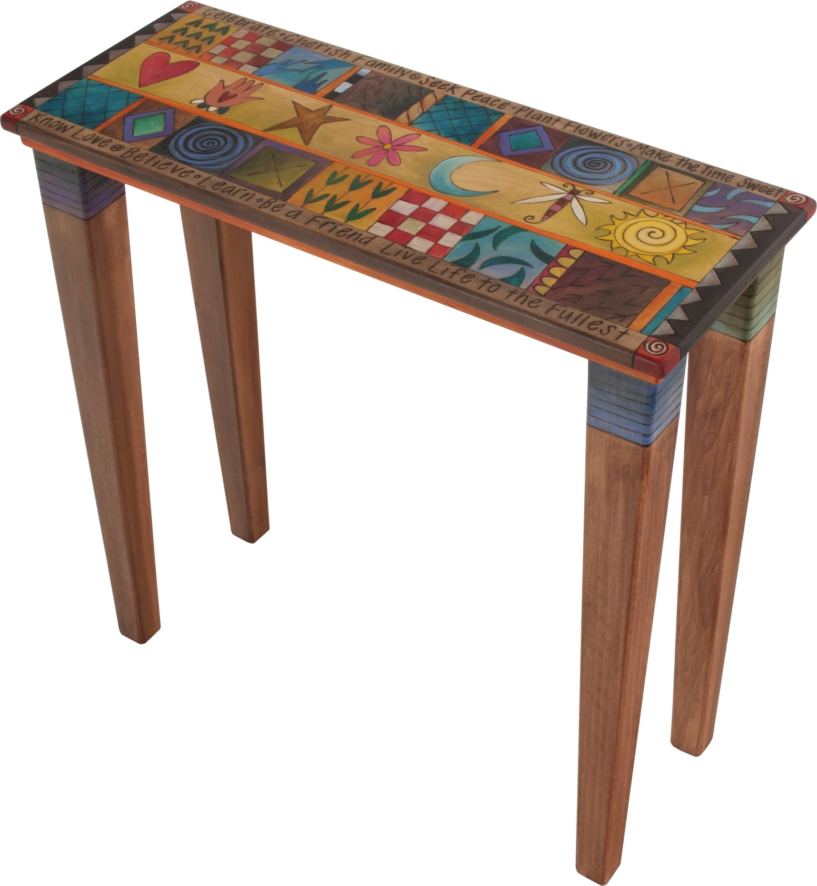 Sticks handmade console table with colorful life icons