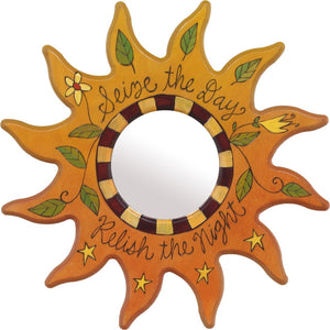Sun Shaped Mirror –  "Seize the Day/Relish the Night" sun-shaped mirror with flower and star motif