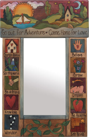 Small Mirror –  "Go out for Adventure, Come home for Love" mirror with landscape, colorful block icons and vine motifs