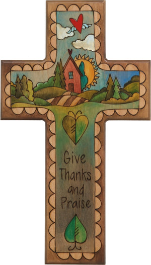 Cross Plaque –  Give Thanks and Praise cross plaque with sun and home on the horizon motif