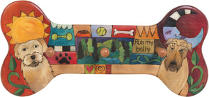 Horizontal Dog Leash Rack –  Dog bone shaped leash rack with sun and moon, pups, and colorful block icons