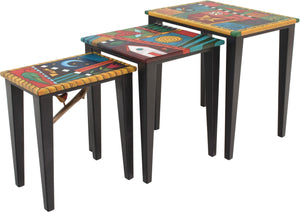 Nesting Table Set –  "Be Creative" nesting table set with colorful quilt like motif with home, sun and moon