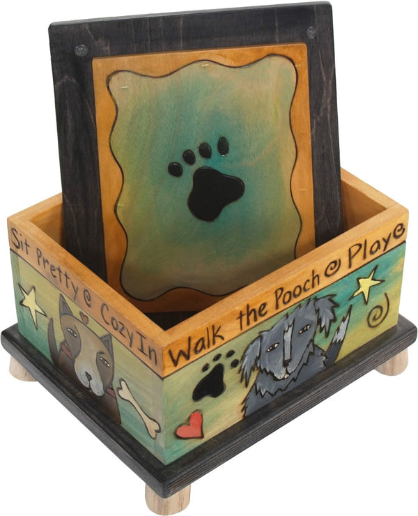 Pet Treat Box – Blue and green dog treat box with cute pups and floating icons