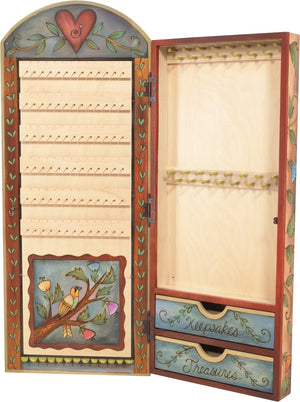 Jewelry Cabinet –  "Keepsakes & Treasure" jewelry cabinet with two birds sitting under the sun motif