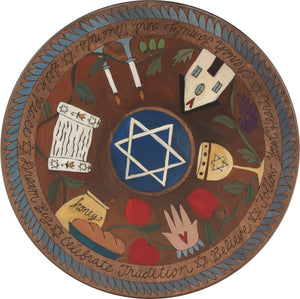 20" Lazy Susan – Dark and elegant judaica lazy susan with traditional icons and a blue scallop border